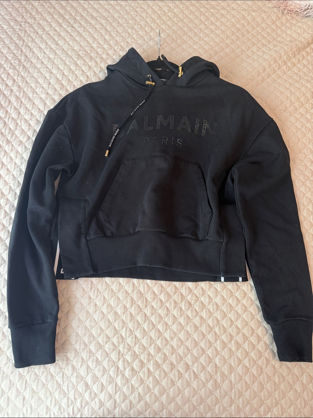 Balmain Black Studded Logo Cropped Hoodie